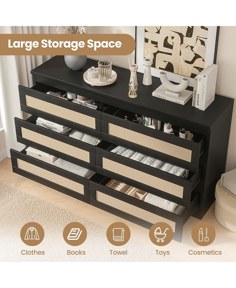 gaomon 6 Drawer Rattan Dresser for Bedroom, Double Wood Chest of Drawers Tv Stand