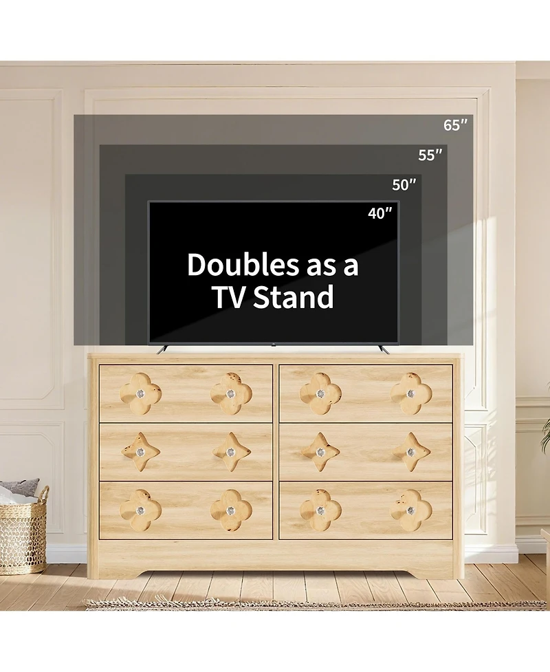 gaomon 47.2" Wide 6 Drawer Wood Dresser with Crystal Knobs, Bedroom Storage Chest Tv Stand Organizer