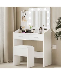 Homfan Modern Vanity Desk with Mirror, Led Lights, Power Outlet, Usb Ports, 2 Drawers, 3 Lighting Modes, Stool, Hairdryer Holder, Bedroom Makeup Table