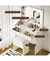 Homfan Modern Vanity Desk with Mirror, Led Lights, Power Outlet, Usb Ports, 2 Drawers, 3 Lighting Modes, Stool, Hairdryer Holder, Bedroom Makeup Table