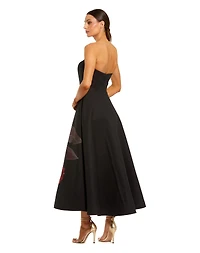 Mac Duggal Women's Strapless Crepe Floral Print A-Line Midi Dress with Pockets