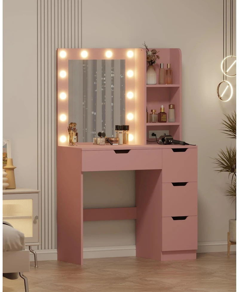 Homfan Vanity Desk with Mirror and Lights, 4 Drawers, Built-in Power Outlet Usb, Adjustable Led Lighting, Makeup Table for Bedroom
