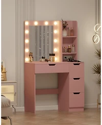 Homfan Vanity Desk with Mirror and Lights, 4 Drawers, Built-in Power Outlet Usb, Adjustable Led Lighting, Makeup Table for Bedroom