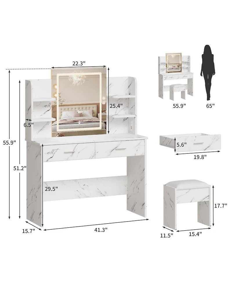 Homfan Makeup Vanity Desk with Mirror and Led Lights, 6 Storage Shelves, 2 Drawers, Cushioned Stool, Built-in Power Outlet, Dressing Room Table Set