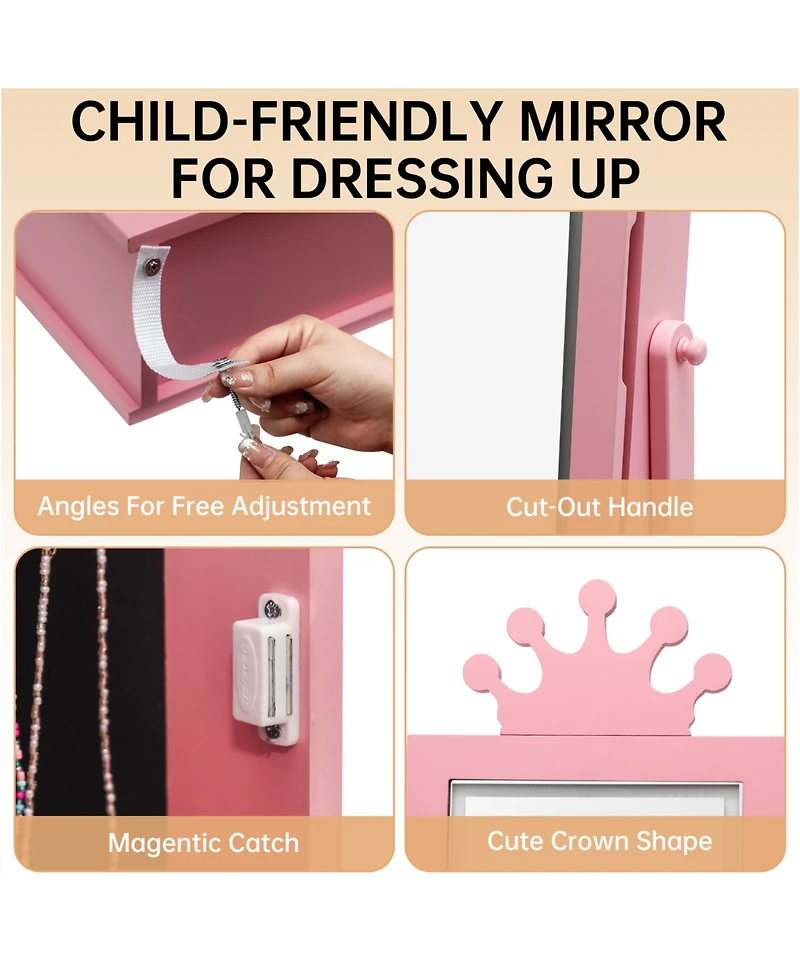 homfan Freestanding Jewelry Armoire Cabinet - Full-Length Mirror with Led Light Vanity Storage Organizer 3 Drawers Girls' Dress Up Gift