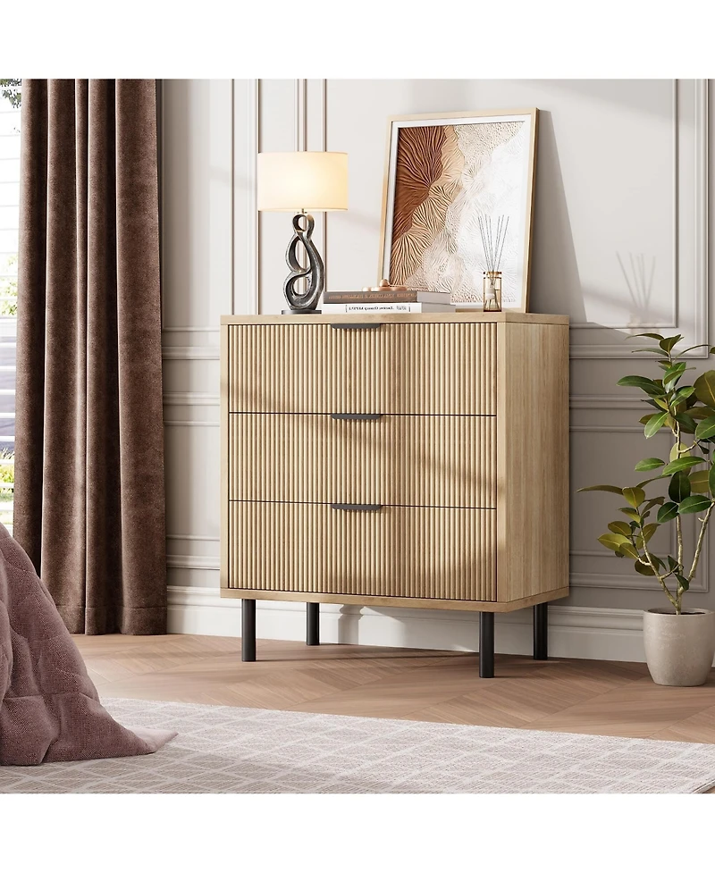 gaomon 3 Drawer Fluted Dresser for Bedroom, Modern Wide Chest of Drawers with Metal Legs