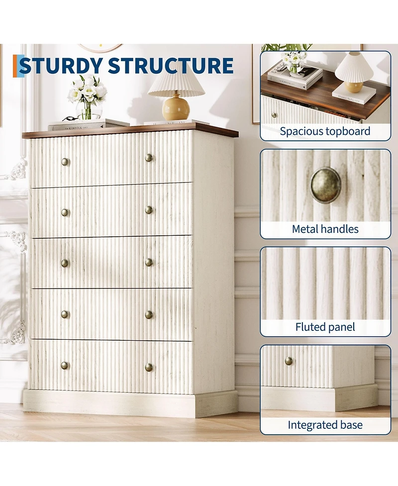 gaomon 5 Drawer Fluted Dresser, Slim Vertical Wood Chest with Metal Handles for Bedroom Apartment Guest Room