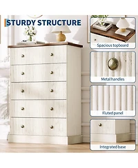 gaomon 5 Drawer Fluted Dresser, Slim Vertical Wood Chest with Metal Handles for Bedroom Apartment Guest Room