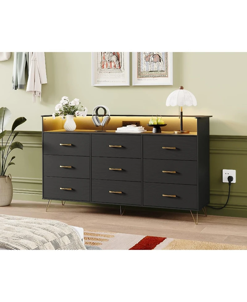 gaomon 9 Drawer Wood Dresser with Led Lights and Charging Station, App Controlled Storage Cabinet
