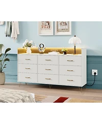 gaomon 9 Drawer Wood Dresser with Led Lights and Charging Station, App Controlled Storage Cabinet