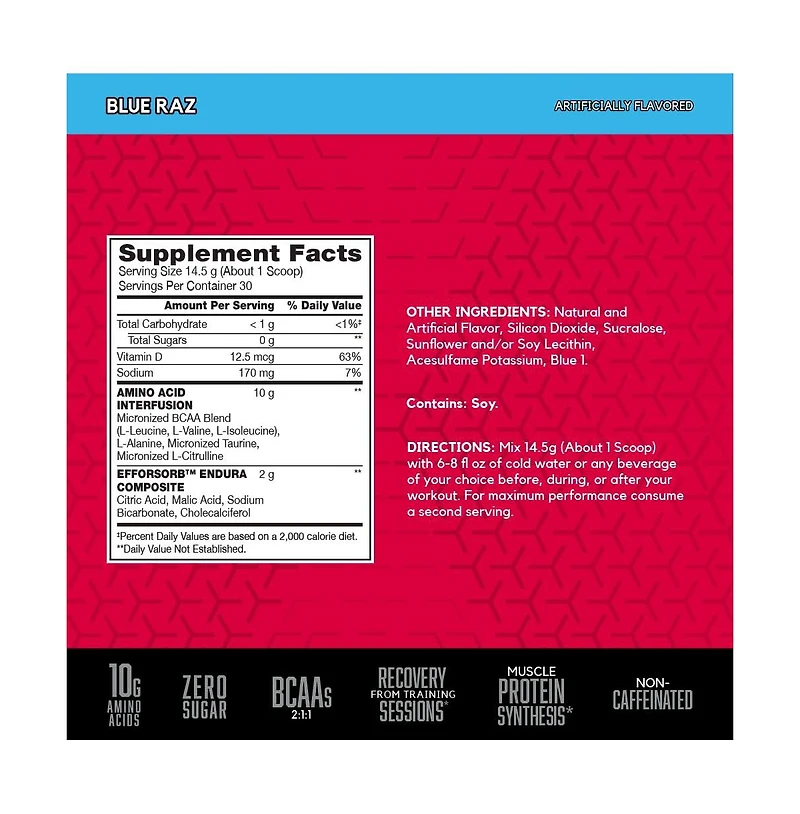 Bsn Amino X Muscle Recovery and Endurance Powder with BCAAs, 10g Amino Acids, Keto Friendly, Caffeine Free, Blue Raspberry, 30 Servings