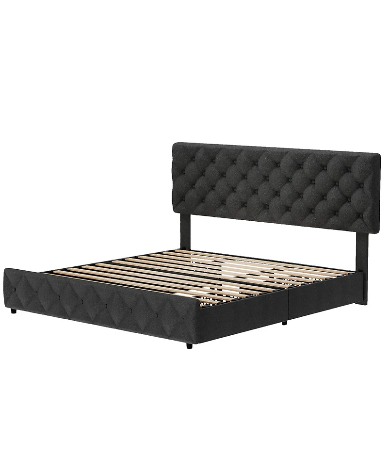 homfan Upholstered Platform Bed Frame with 4 Storage Drawers and Adjustable Diamond-Tufted Headboard