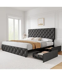 homfan Upholstered Platform Bed Frame with 4 Storage Drawers and Adjustable Diamond-Tufted Headboard