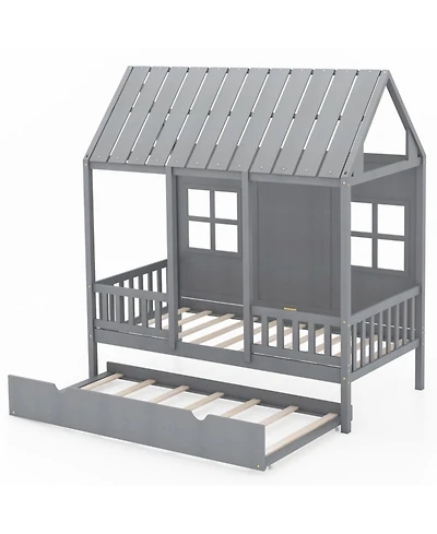 Gouun House Bed Frame with Pull-Out Trundle and 82-Inch Roof