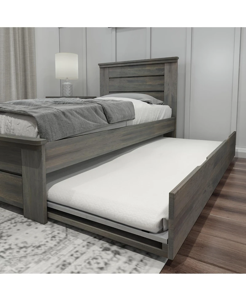 Max and Lily Twin Bed Frame with Plank Headboard Trundle, Solid Wood Platform Bed, Driftwood