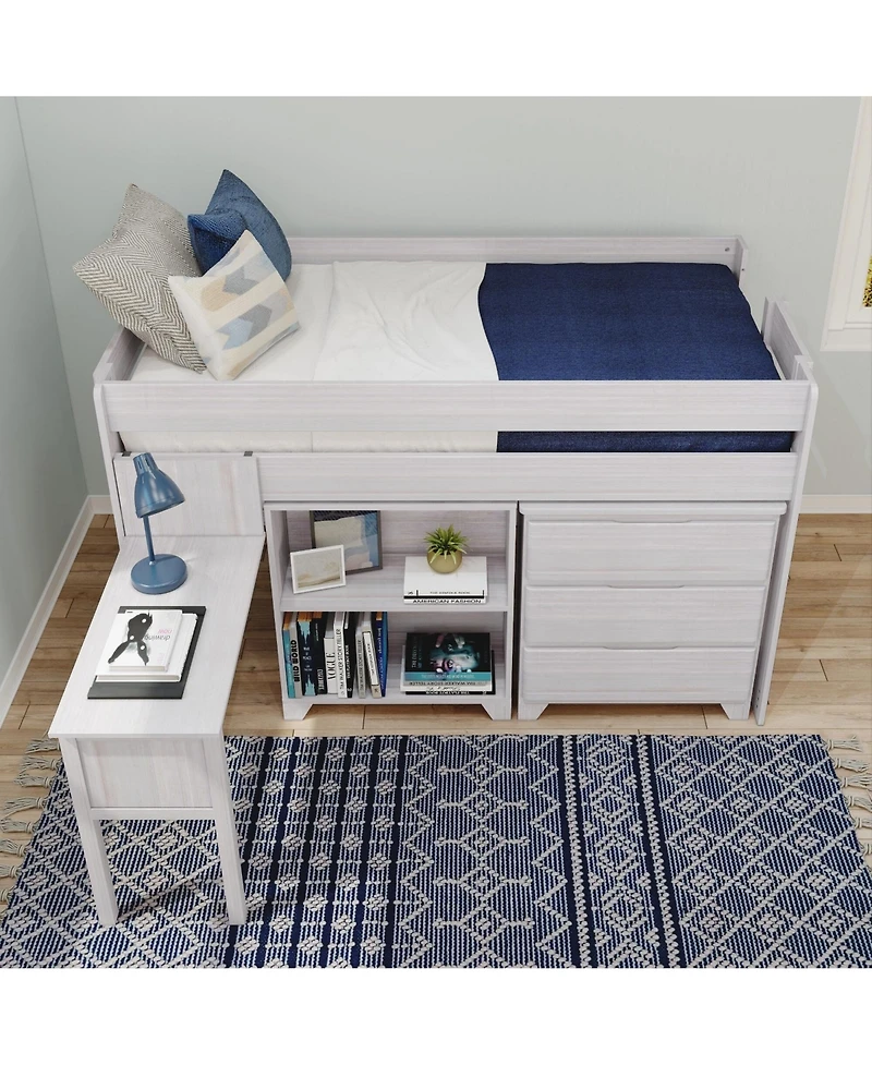 Max & Lily Modern Farmhouse Low Loft Bed, Twin Bed Frame for Kids with 3-Drawer Dresser, 2-Shelf Bookcase and Hook-on Desk
