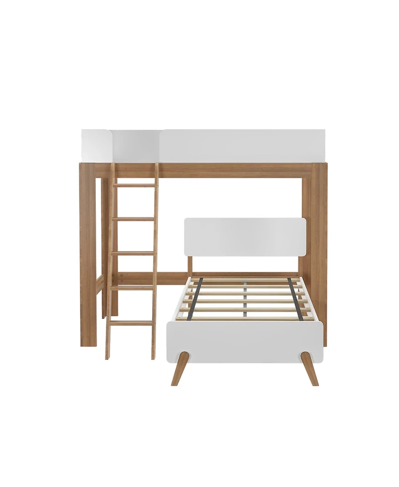 Max and Lily Mid-Century Modern Twin over L-Shaped Bunk Bed, Solid Wood, White/Pecan
