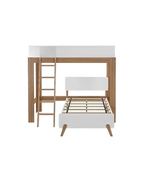 Max and Lily Mid-Century Modern Twin over L-Shaped Bunk Bed, Solid Wood, White/Pecan