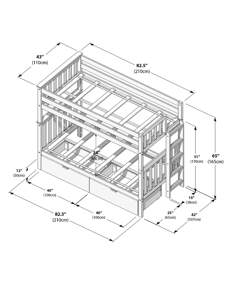 Max & Lily Twin Bunk Bed With Ladder on End and Storage Drawers