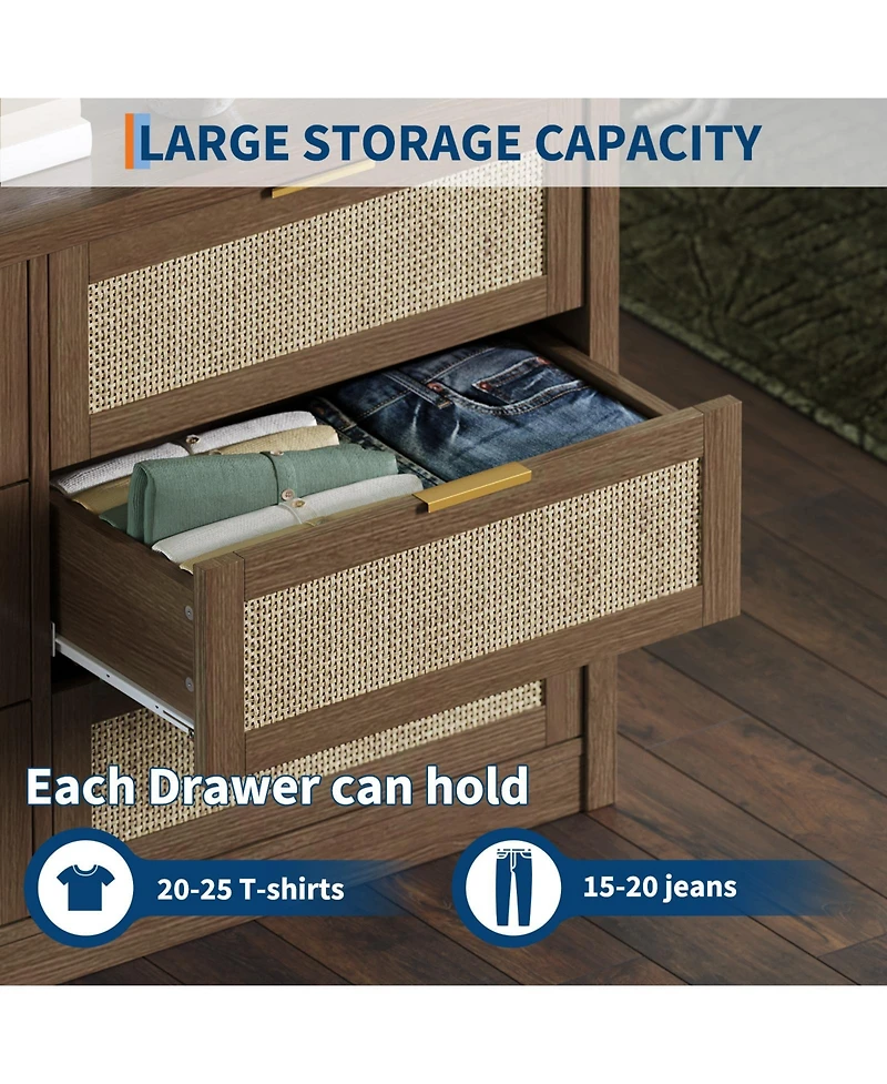 gaomon 6-Drawer Dresser for Bedroom, 57.2" Wide Rattan Dresser Modern Wood Chest with Metal Handles