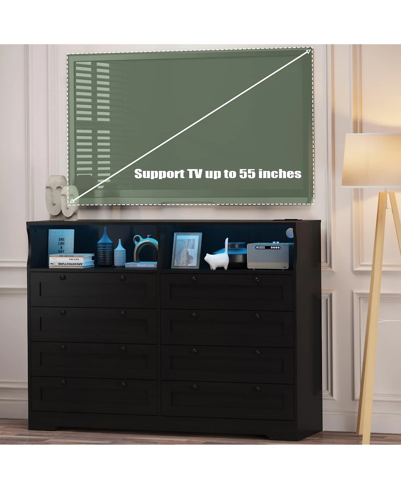 gaomon 8 Drawer Dresser with Rgb Led Lights, Power Outlet and 2 Open Shelves