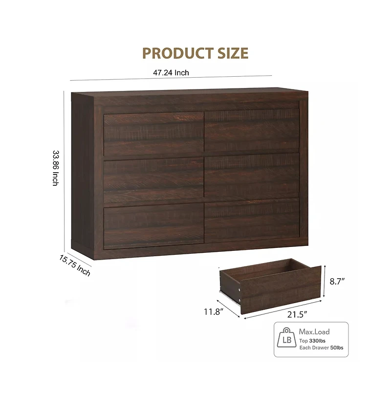 gaomon 6 Drawer Modern Wooden Dresser with Handleless Design, Wide Storage Chest for Bedroom Living Room Entryway