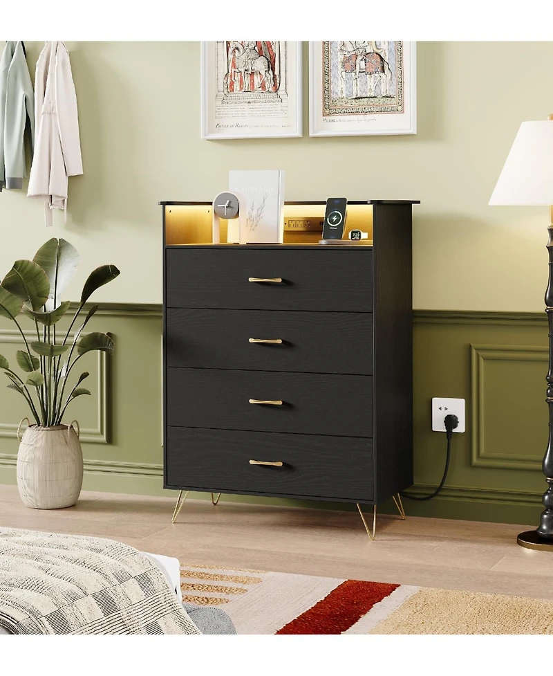 gaomon Tall 4 Drawer Dresser with Rgb Led Lights and Charging Station, App Controlled Storage Cabinet for Bedroom