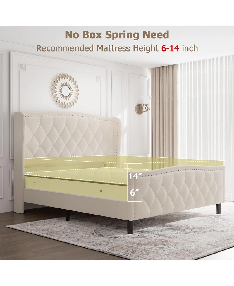 gaomon Bed Frame, Velvet Upholstered Platform with Wingback Headboard, Wooden Slat Support