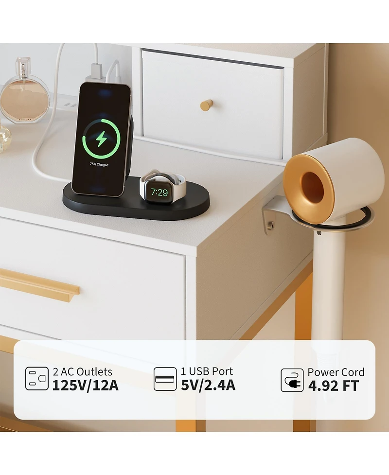 Homfan Makeup Vanity Desk with 3-Color Lights, 4 Drawers, 2 Shelves, Built-In Charging Station, Led Table for Bedroom, Dressing Room