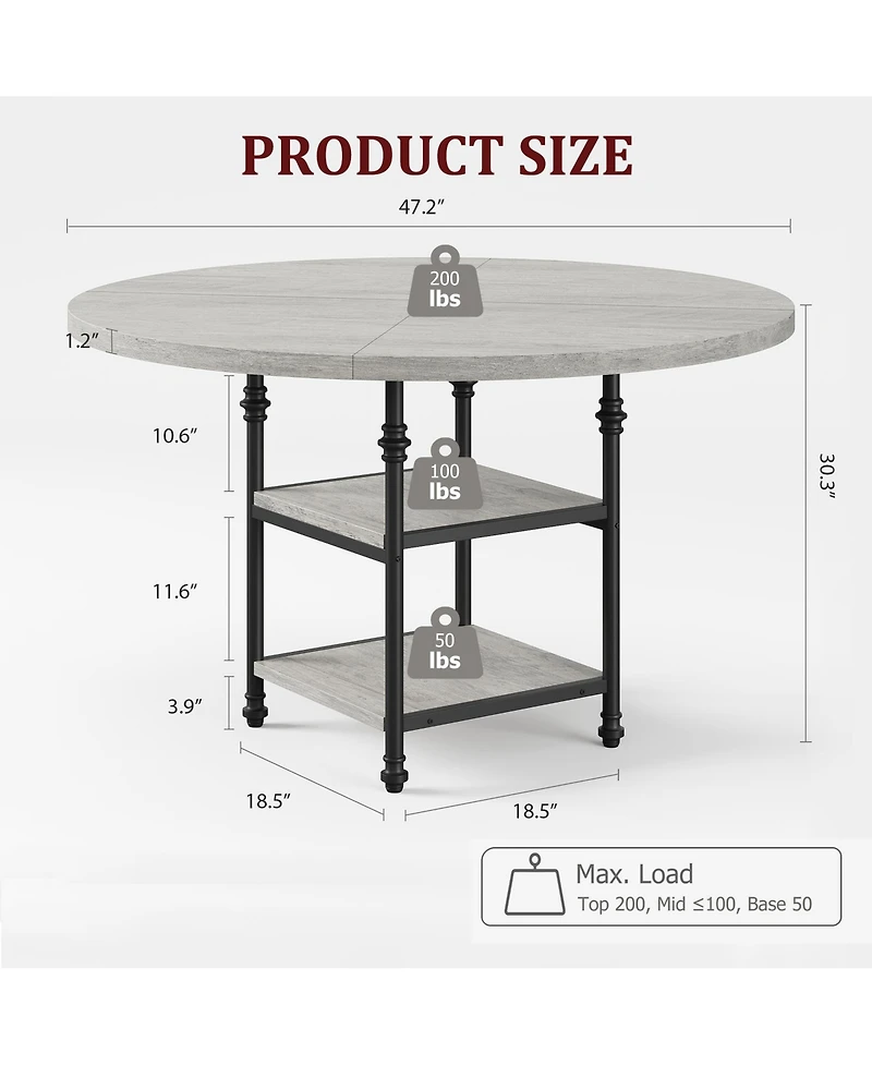 Homfan Round Dining Table for 4 with 2-Tier Storage Shelves and Roman Metal Legs, 47.0 Kitchen