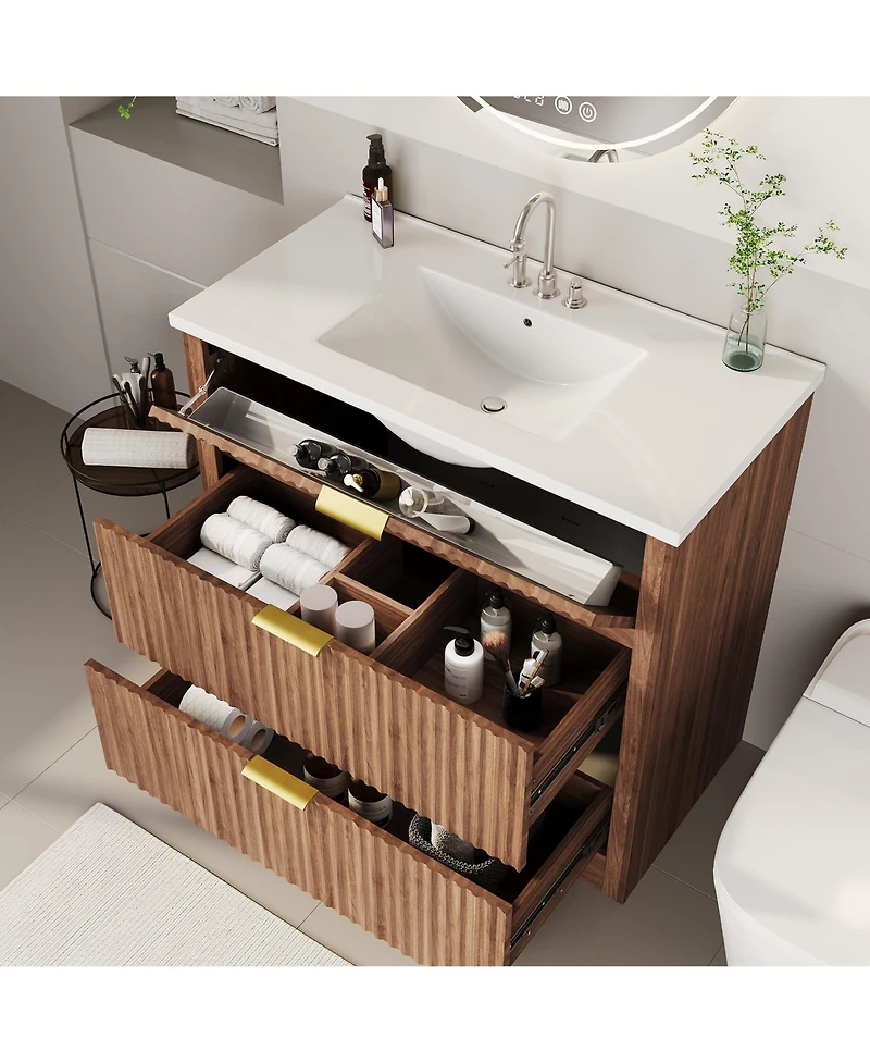 Gaomon Fluted Bathroom Vanity with Ceramic Sink Freestanding Cabinet with Soft-Close Drawers and 1 Rotating-Down Drawer 36 In