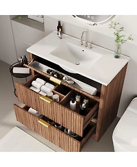 Gaomon Fluted Bathroom Vanity with Ceramic Sink Freestanding Cabinet with Soft-Close Drawers and 1 Rotating-Down Drawer 36 In