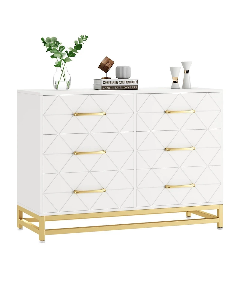 gaomon 6 Drawer Wood Dresser for Bedroom, Modern Storage Chest with Gold Handles and Metal Base