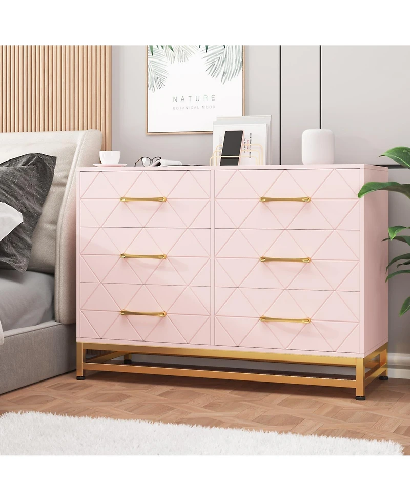gaomon 6 Drawer Wood Dresser for Bedroom, Modern Storage Chest with Gold Handles and Metal Base