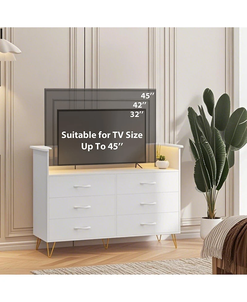 gaomon 6 Drawer Dresser with Led Lights and Charging Station, Wood Storage Chest Steel Frame