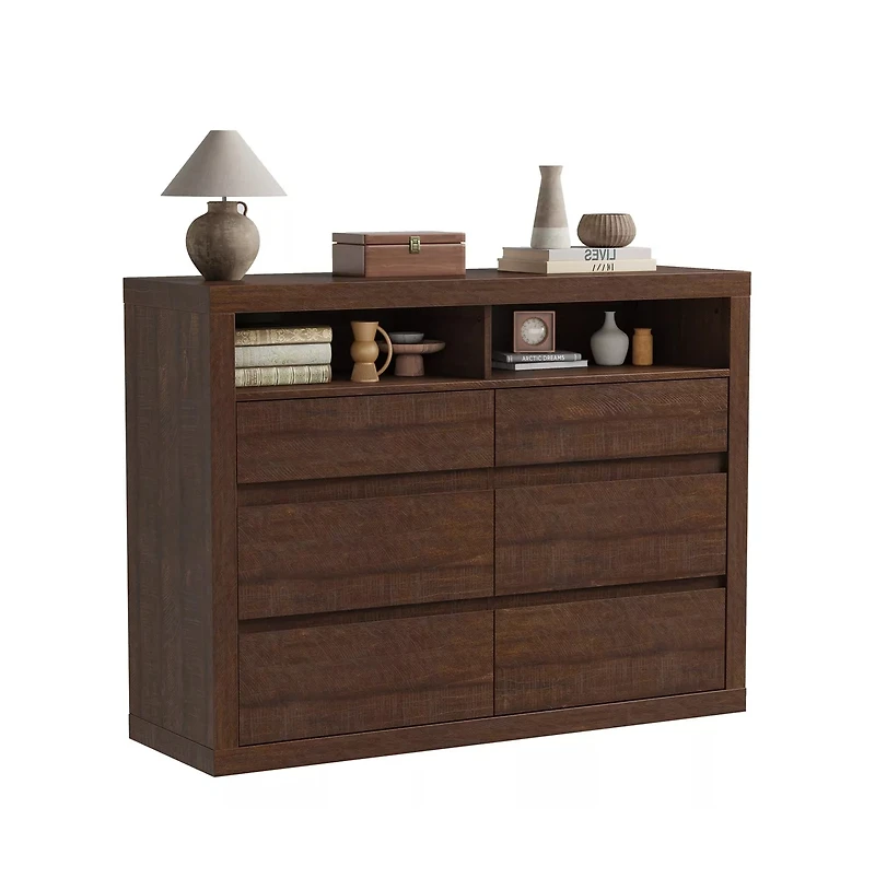 gaomon 6 Drawer Modern Wooden Dresser with 2 Open Shelves, 47" Wide Handleless Storage Chest for Bedroom
