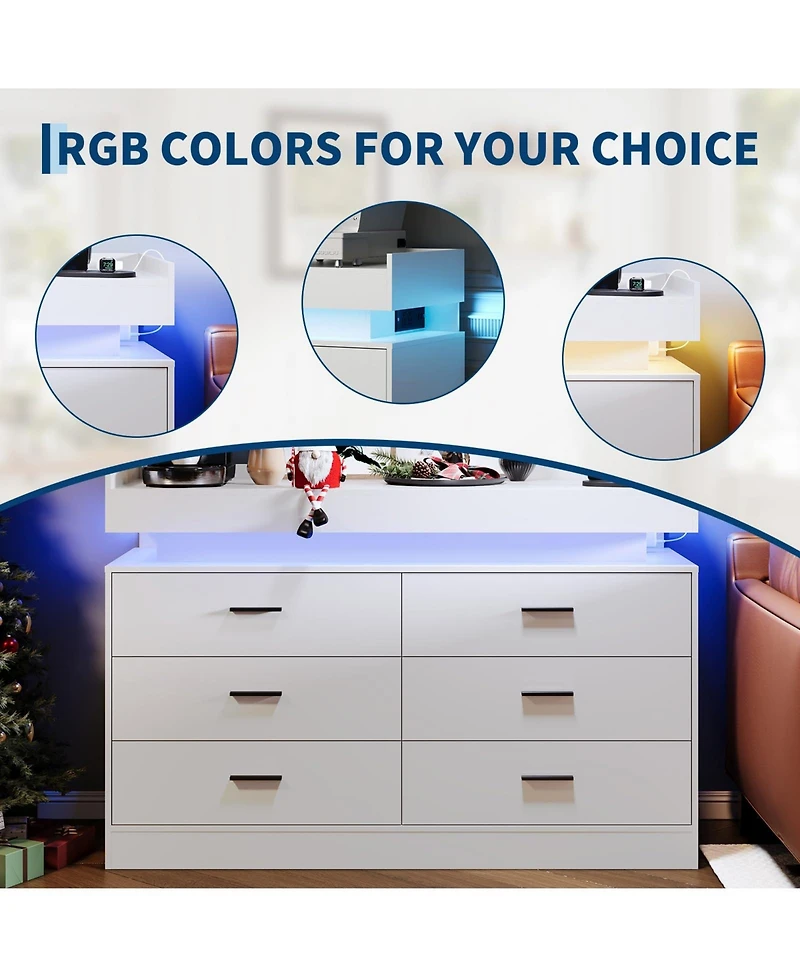 gaomon Led Tv Stand Cabinet with Charging Station, Floating Countertop Coffee Bar Sideboard with 6 Drawers Storage