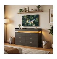 gaomon Led Tv Stand Cabinet with Charging Station, Floating Countertop Coffee Bar Sideboard with 6 Drawers Storage