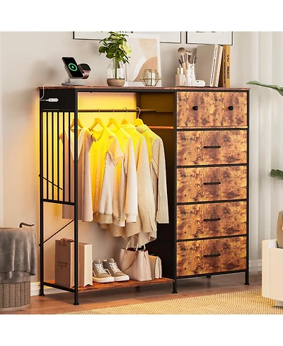 gaomon 49.2" Dresser with Hanging Rack, 6 Fabric Drawers, Led Lights and Charging Station Storage Organizer