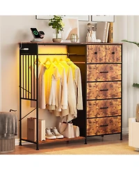 gaomon 49.2" Dresser with Hanging Rack, 6 Fabric Drawers, Led Lights and Charging Station Storage Organizer