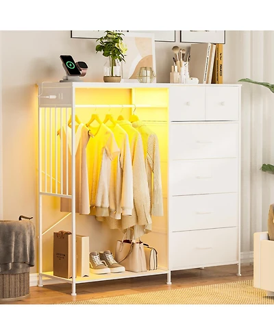 gaomon 49.2" Dresser with Hanging Rack, 6 Fabric Drawers, Led Lights and Charging Station Storage Organizer