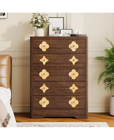 gaomon 46.1" Tall 5 Drawer Wood Dresser with Decorative Fronts and Crystal Knobs, Narrow Storage Chest