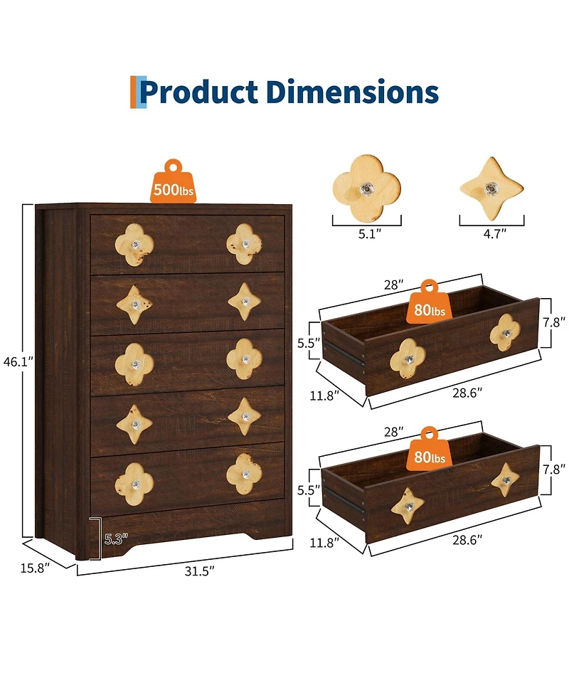gaomon 46.1" Tall 5 Drawer Wood Dresser with Decorative Fronts and Crystal Knobs, Narrow Storage Chest