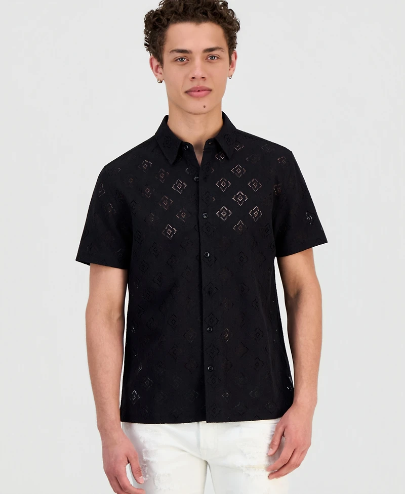Guess Men's Geo Linework Jacquard Short-Sleeve Shirt