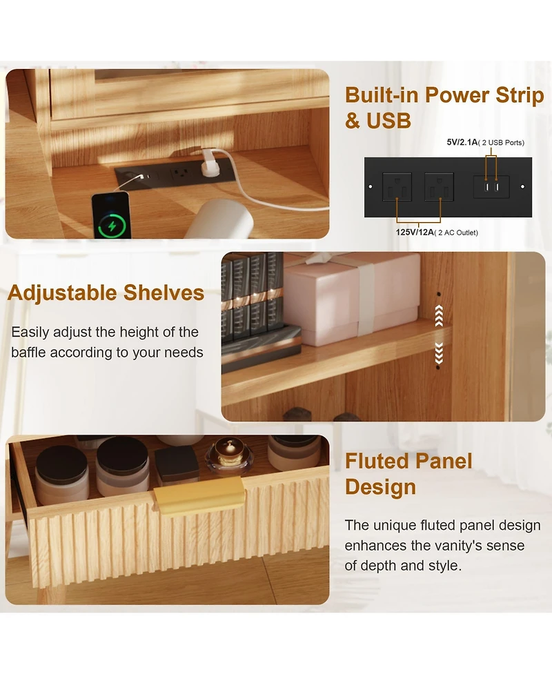 Homfan Fluted Makeup Vanity Desk with Led Lighted Mirror and Power Outlet - 5 Drawers, Glass Top, Door, Adjustable Shelves