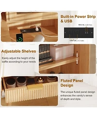 Homfan Fluted Makeup Vanity Desk with Led Lighted Mirror and Power Outlet - 5 Drawers, Glass Top, Door, Adjustable Shelves