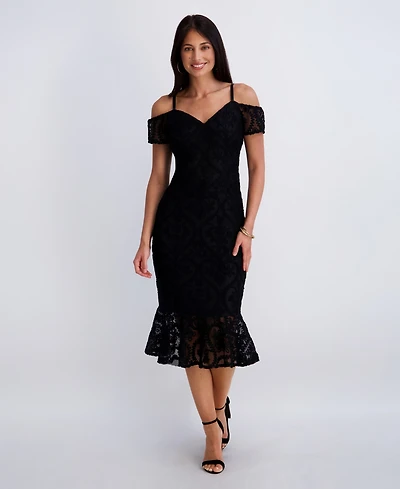 Siena Women's Crochet Lace Removable Straps Sweetheart Neck Midi Dress