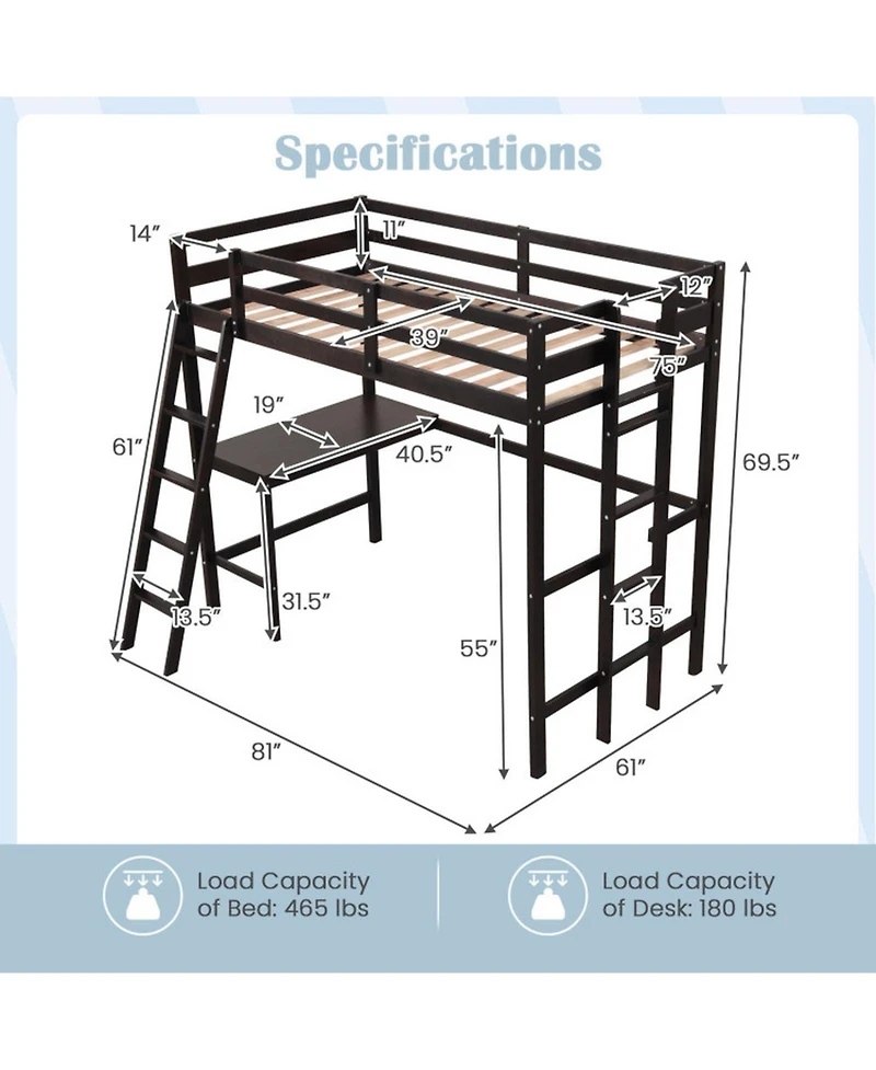 Gouun Twin Loft Bed with Angled Built-In Desk and Ladder