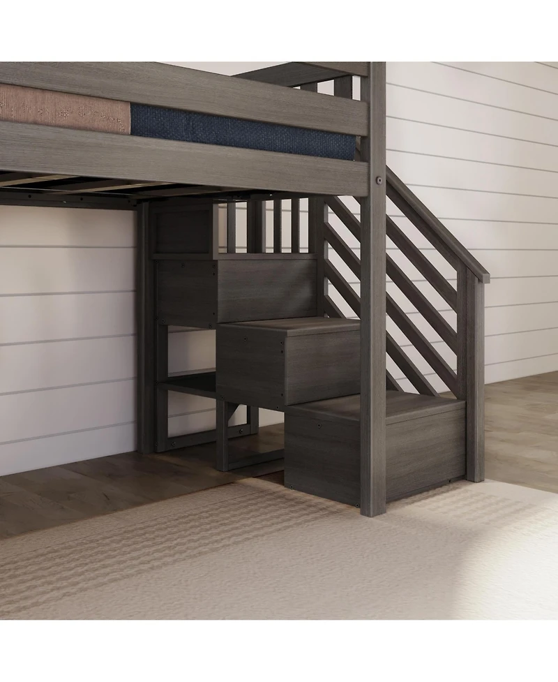 Max and Lily Twin Low Loft Bed with Slide Stairs, Solid Wood Kids Platform 14" Guardrails