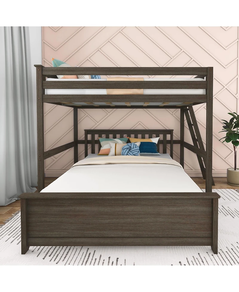 Max & Lily Bunk Bed, L Shaped Full-Over-Queen Bed Frame for Kids with Ladder on End, Solid Wood Kids, No Box Spring Needed